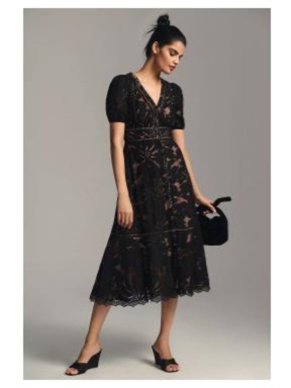 NWT Anthropologie Ophelia Dress, midi, black lace, size 6, lined, button front